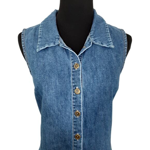 Vintage Y2K Denim Shirt Dress Sleeveless Med Blue Wash Jean Mini Dress Womens M - Picture 2 of 9